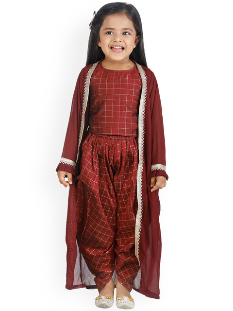 

LilPicks Girls Maroon Checked Top with Dhoti Pants and Jacket