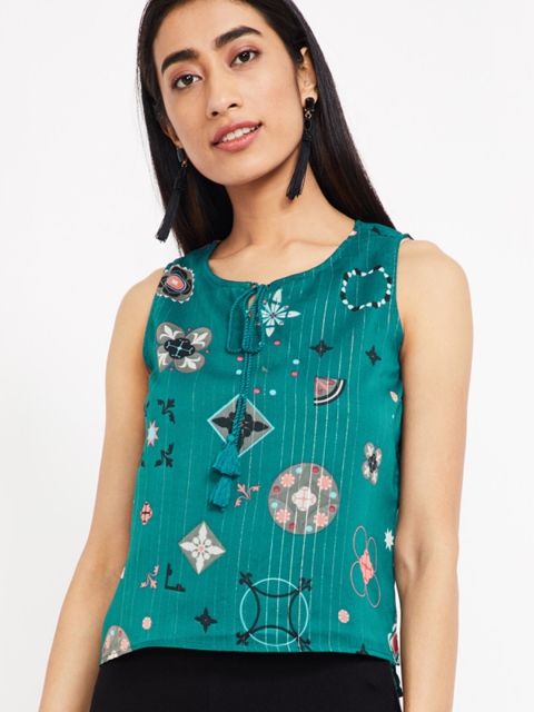 

Colour Me by Melange Women Teal Green Printed High-Low Top