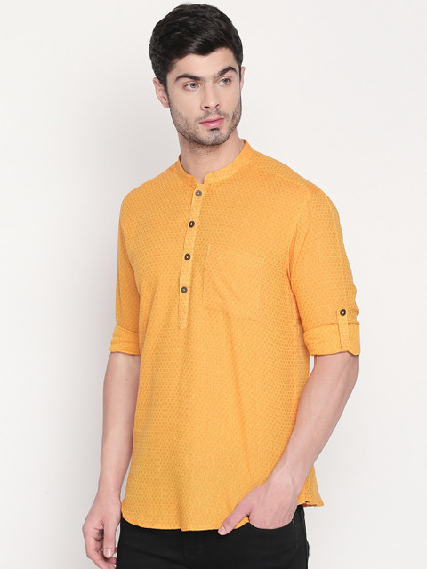 

indus route by Pantaloons Men Yellow Woven Design Straight Kurta