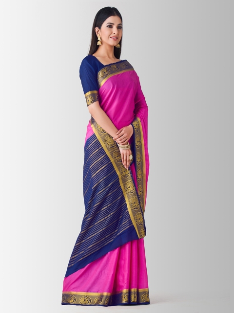 MIMOSA Pink & Navy Blue Poly Crepe Solid Mysore Silk Saree