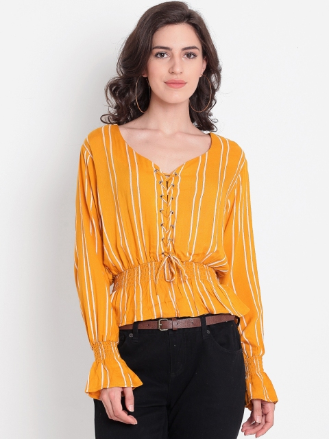 

TAG 7 Women Yellow Striped Smocked Cinched Waist Top