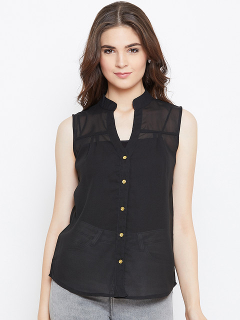 

CHROME & CORAL Women Black Solid Shirt Style Top