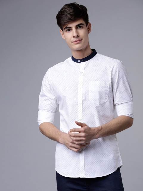 Men White & Navy Blue Slim Fit Printed Semiformal Shirt