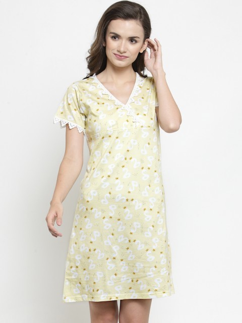 

Claura Yellow & White Pure Cotton Printed Sleep Shirt