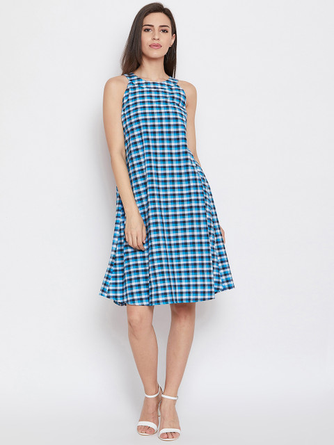 

FABNEST Women Blue & White Checked A-Line Dress
