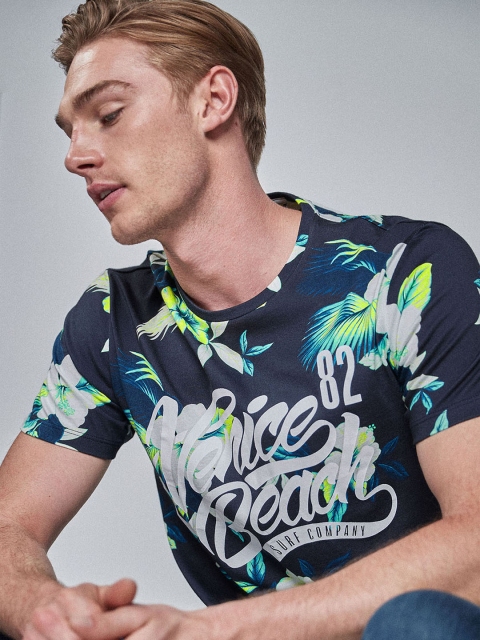 

next Men Navy Blue Printed Round Neck T-shirt