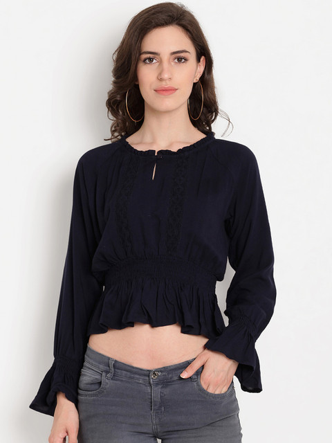 

TAG 7 Women Navy Blue Self Design Smocked Cinched Waist Crop Top