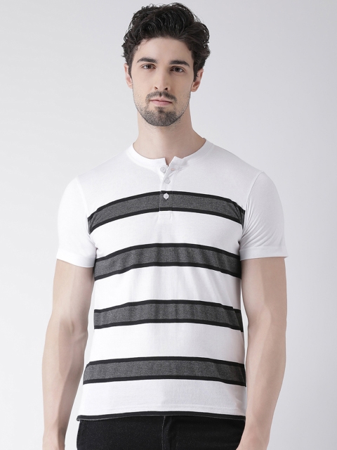 Club York Men White Striped Henley Neck T-shirt
