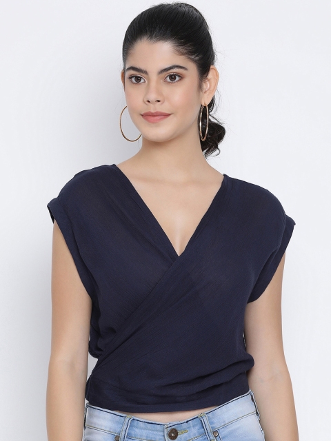 

Oxolloxo Women Navy Blue Solid Wrap Top