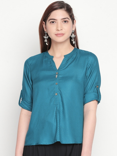 

AKKRITI BY PANTALOONS Women Teal Self Design Shirt Style Top