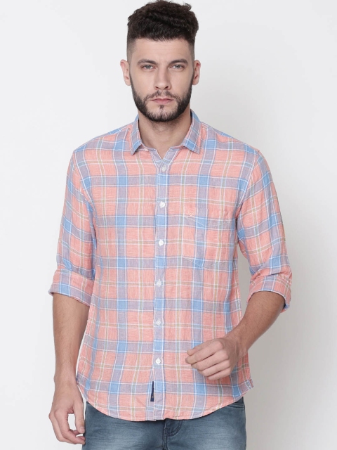

Linen Club Men Orange & Blue Regular Fit Checked Casual Shirt