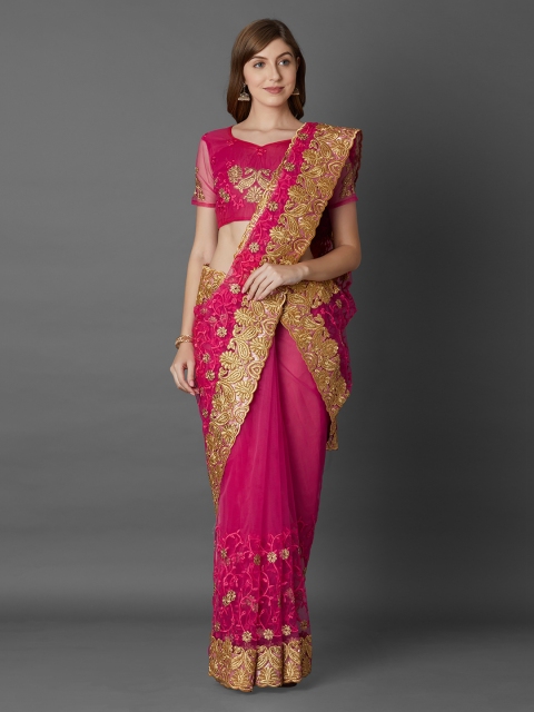 

Mitera Pink & Beige Net Embroidered Saree