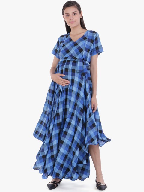 

MomToBe Women Blue Checked Maxi Maternity Dress