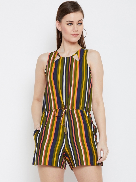 PURYS Women Olive Green & Yellow Striped Playsuit