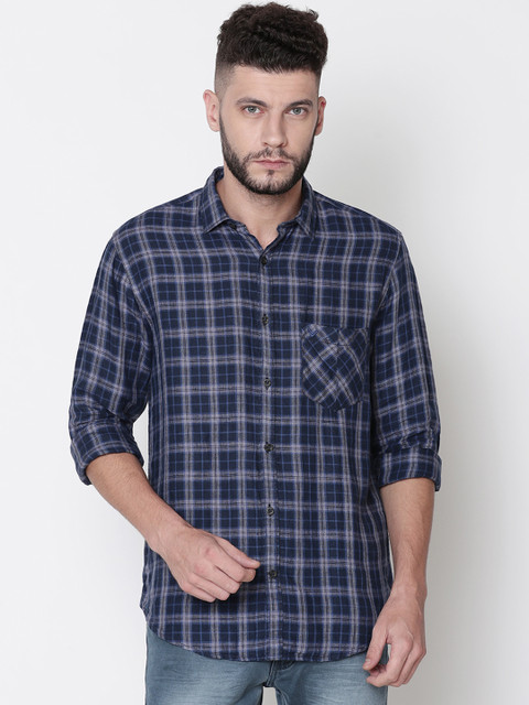 

Linen Club Men Navy Blue & Grey Regular Fit Checked Casual Shirt