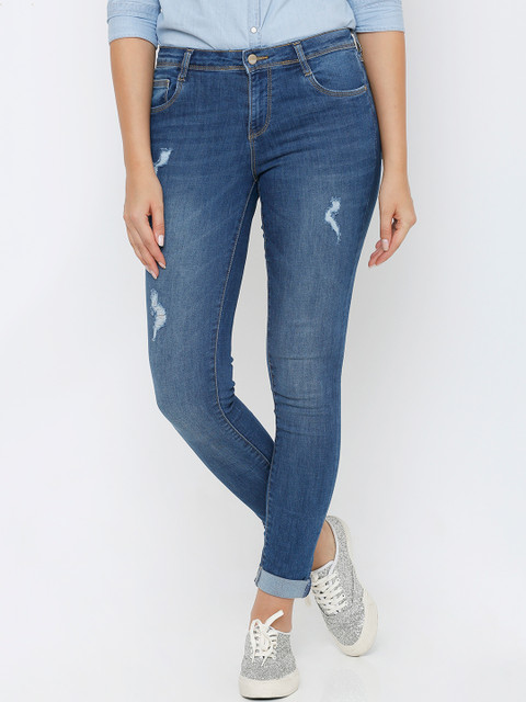 

Kraus Jeans Women K4050 Blue Skinny Fit Mid-Rise Low Distress Jeans