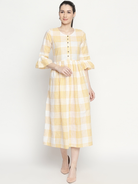 

AKKRITI BY PANTALOONS Women Yellow & Off-White Fit and Flare Dress