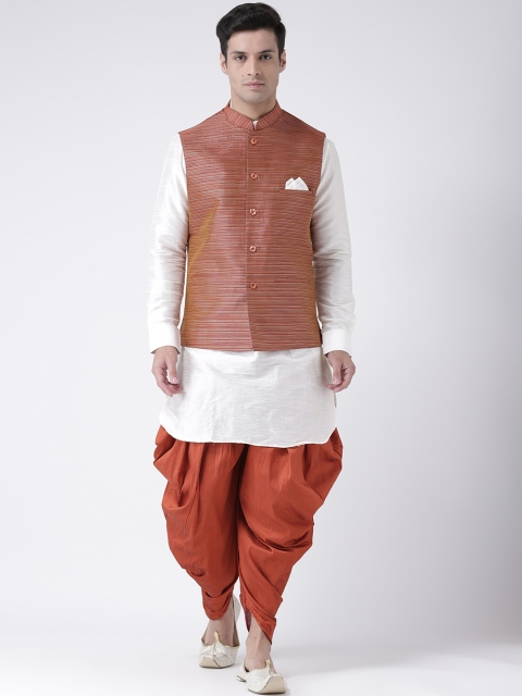 

DEYANN Men Off-White & Rust Solid Kurta with Dhoti Pants & Nehru Jacket