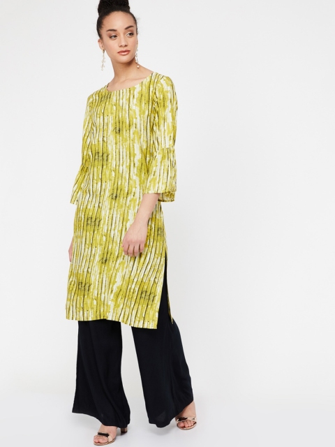 

Melange by Lifestyle Women Lime Green Striped Straight Kurta