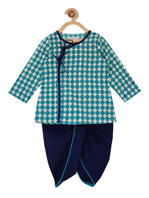 

Campana Boys Off-White & Teal Blue Printed Kurta with Dhoti Pants