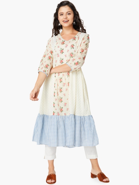 Melange by Lifestyle Women Cream-Coloured & Blue Printed A-Line Kurta