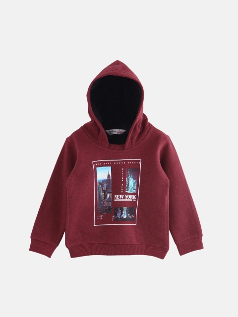 

Beebay Boys Maroon & Blue Printed Hooded Sweatshirt