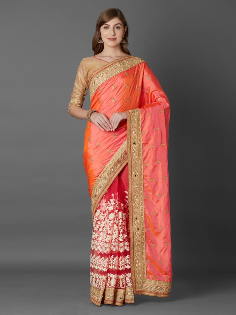 

Mitera Peach-Coloured Embroidered Poly Georgette Saree