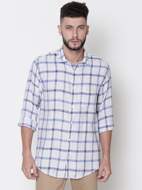 

Linen Club Men White & Blue Regular Fit Checked Casual Shirt