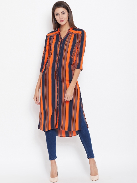 

Ruhaans Women Orange & Black Striped Straight Kurta