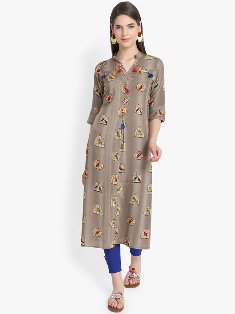 

Aujjessa Women Grey Printed Straight Kurta