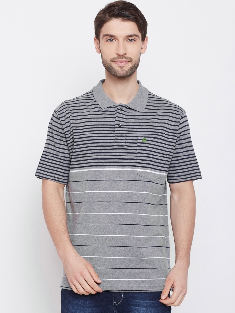 

Duke Men Grey Striped Polo Collar T-shirt