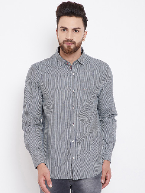 

Canary London Men Grey Smart Slim Fit Striped Casual Shirt
