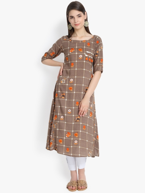 

Aujjessa Women Taupe & Orange Checked Straight Kurta