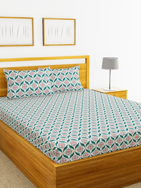 BIANCA Green & Pink Floral 120 TC Cotton 1 Queen Bedsheet with 2 Pillow Covers
