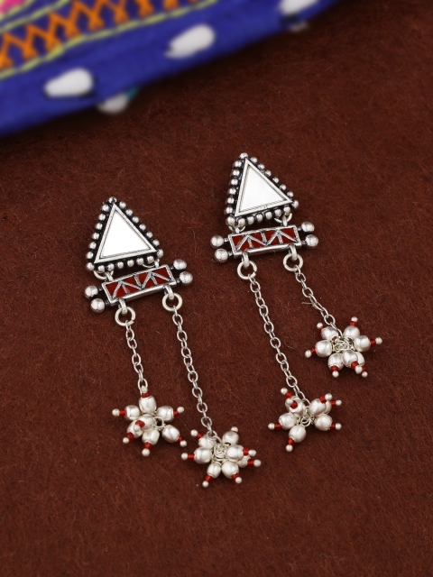 

Studio Voylla Silver-Plated & Red Triangular Drop Earrings