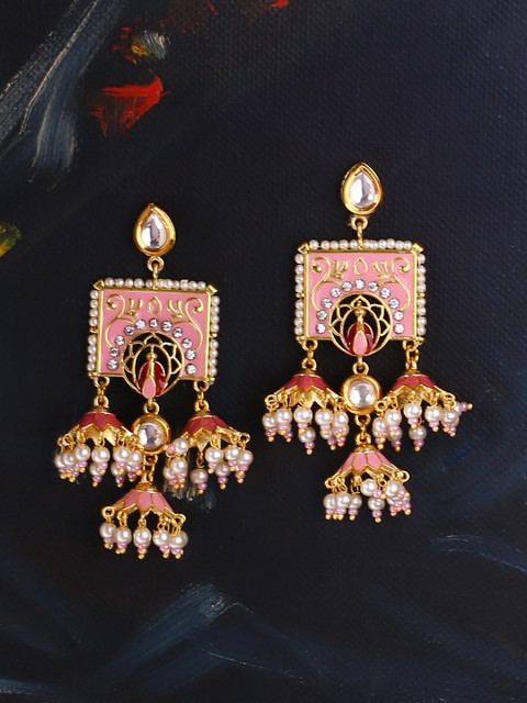 

Studio Voylla Gold-Toned & Pink Enamelled Geometric Jhumkas