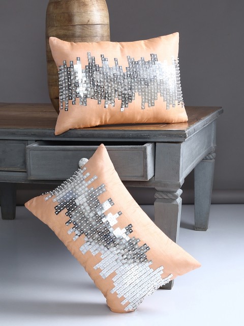 

Alina decor Peach-Coloured & Silver-Toned Set of 2 Abstract Rectangle Cushion Covers