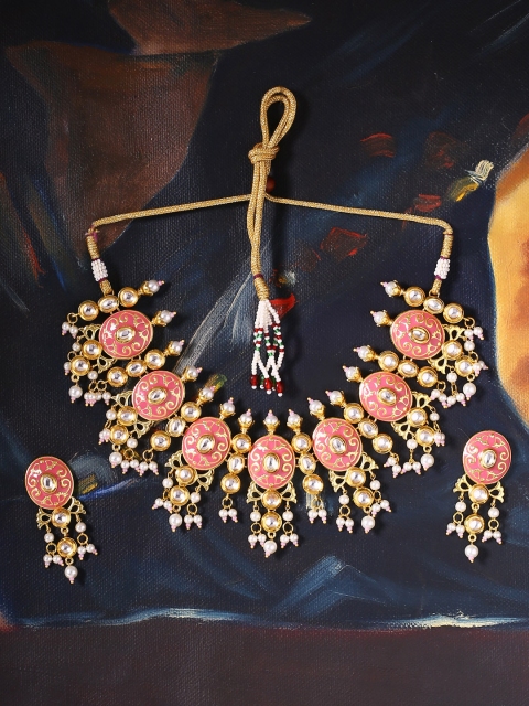 

Studio Voylla Pink and White Kundan-Studded Jewellery Set