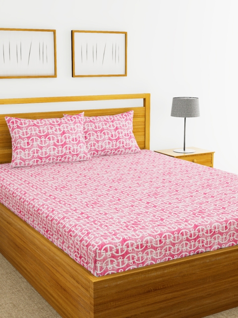 

BIANCA Pink & White Abstract 120 TC Cotton Queen Bedsheet with 2 Pillow Covers