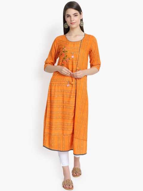 

Aujjessa Women Orange Printed Straight Kurta