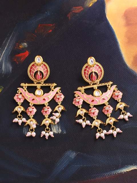 

Studio Voylla Gold-Toned & Pink Enamelled Crescent Shaped Drop Earrings