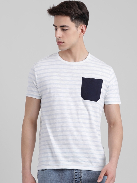 

REALM Men White Striped Round Neck Slim Fit T-shirt