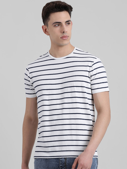 

REALM Men White Striped Round Neck T-shirt