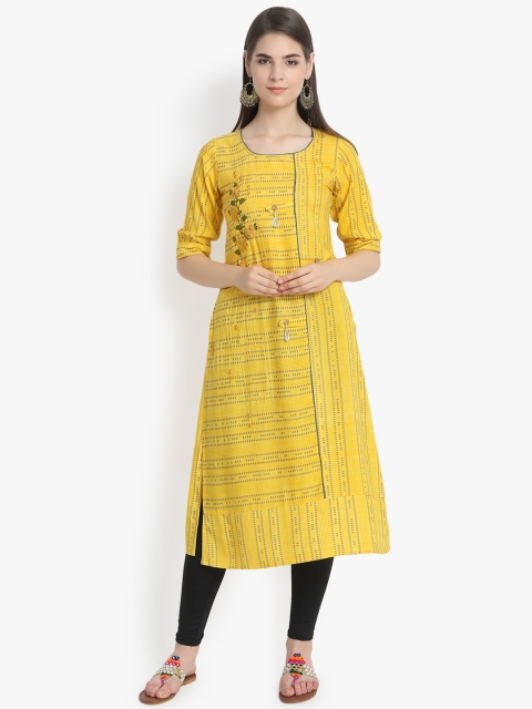 

Aujjessa Women Yellow Striped Straight Kurta with Floral Embroidered Detail