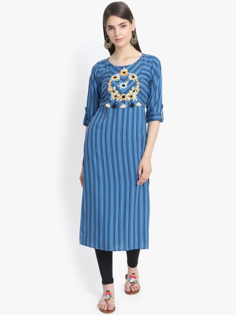 

Aujjessa Women Blue & Black Striped Embroidered Straight Kurta