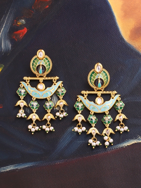 

Studio Voylla Gold-Toned & Green Enamelled Crescent Shaped Drop Earrings