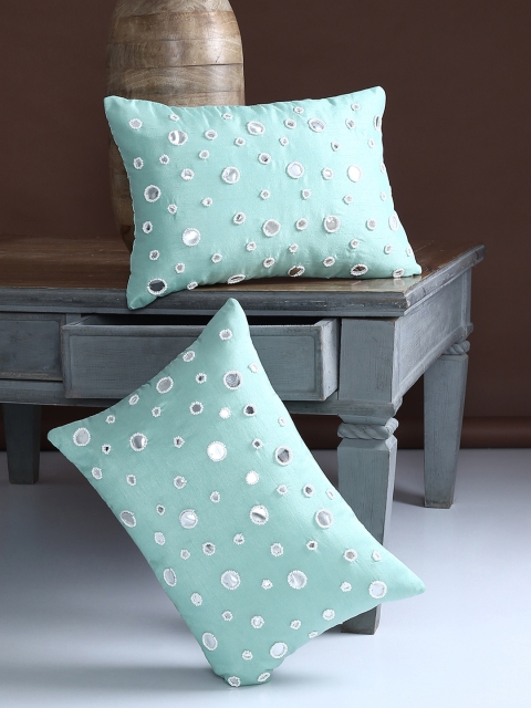 Sea Green & Silver-Toned Set of 2 Ethnic Motifs Rectangle Cushion Covers