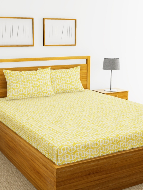 

BIANCA Yellow & White Geometric 120 TC Cotton 1 Queen Bedsheet with 2 Pillow Covers