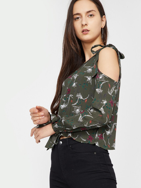 

Ginger by Lifestyle Women Olive Green Printed High-Low Top
