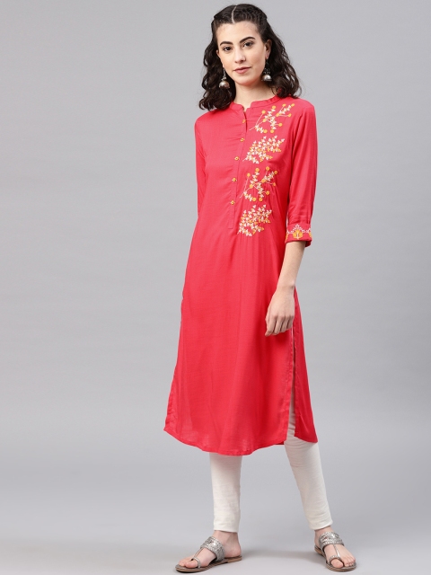 

Alena Women Coral Red Solid Straight Kurta